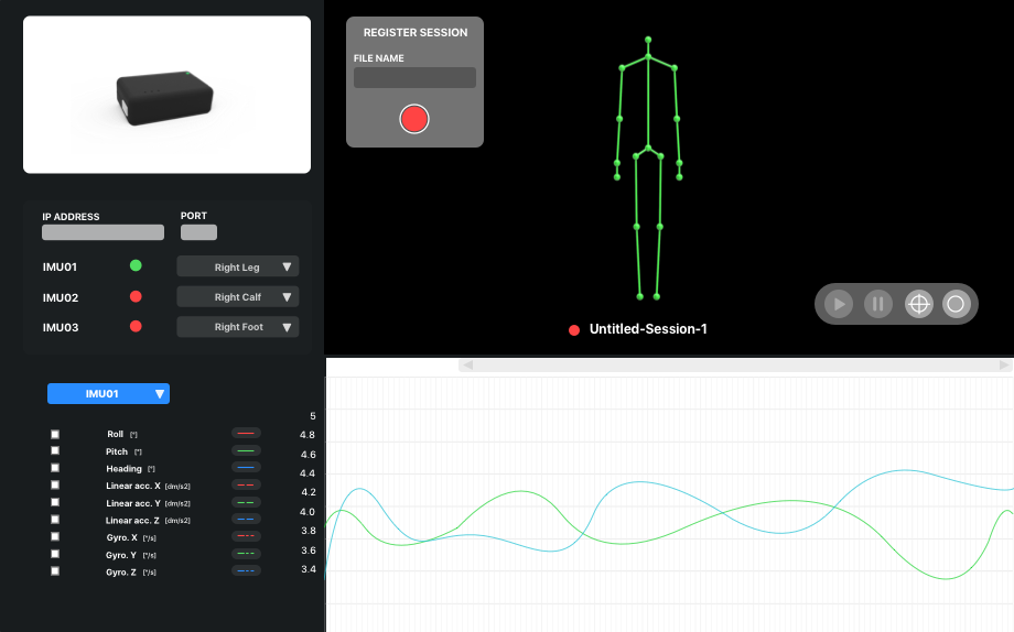 NIMU interface combining sensor assignment, a spatial body model, signal plots, and recording