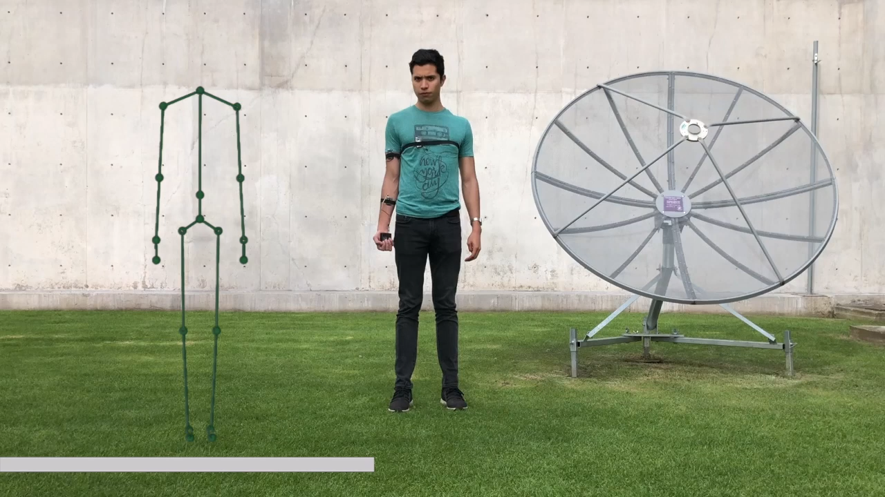 NIMU wearer outdoors with the reconstructed skeletal model shown beside the body